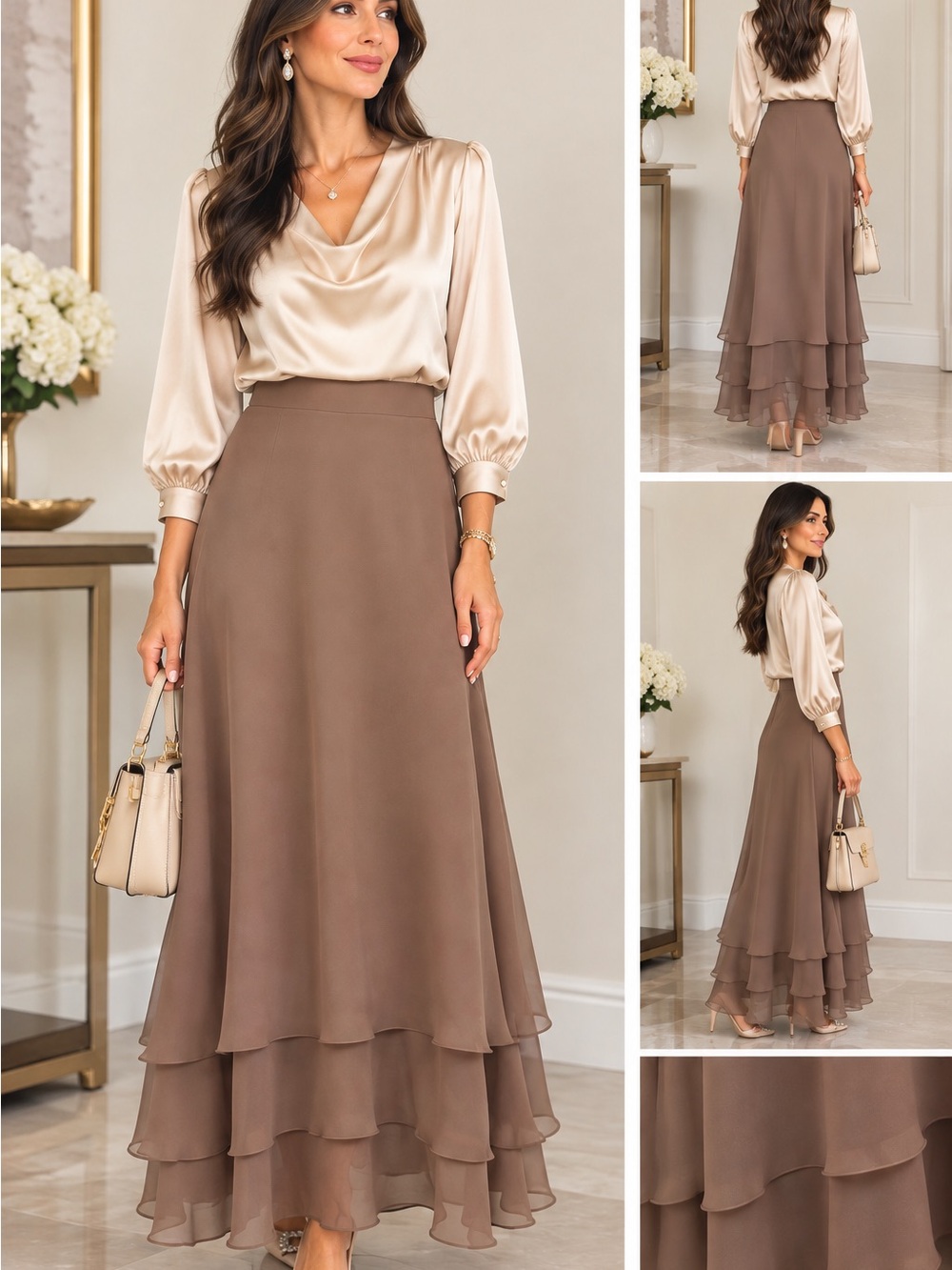 Alex Evenings Taupe Layered Maxi Skirt